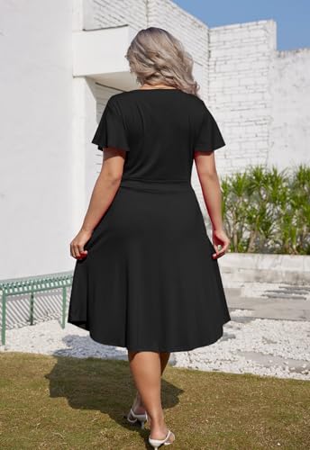 Image of Women's Plus Size Summer Dresses V Neck Ruffle Short Sleeve Casual Wrap A Line Midi Dress with Pockets