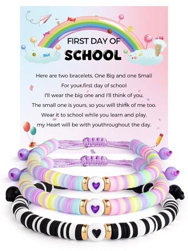 First Day of School Mommy and Me Matching Bracelet Set kindergarden Pre-K Back to School Gifts Adjustable Heart Clay Bead Jewelry for Mother Daughter Dad Son