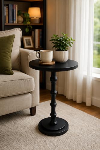 Image of MAZHAR & BROTHERS Modern Round C-Shaped Side Table, Black End Table for Sofa & Bed, Small Accent Table for Living Room, Bedroom, Office | Sturdy Metal Base | Minimalist Space-Saving Design