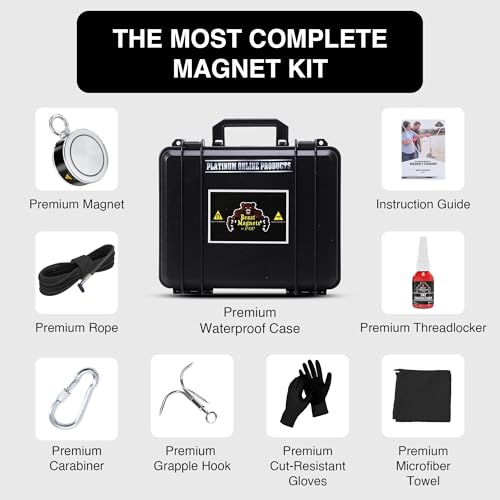 1000LB Complete Magnet Fishing Kit | Double Sided Fishing Magnet Kit with Case | Includes Strong Neodymium N52 Magnets, Durable 65ft Rope, Carabiner, Gloves, Grappling Hook & Carry Case