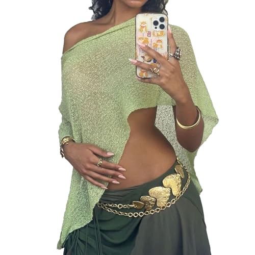 ABYOVRT Women Sheer Poncho Top Multiway Knit Crochet Asymmetric Mesh Cover Up Going Out Clubwear(Green one size)