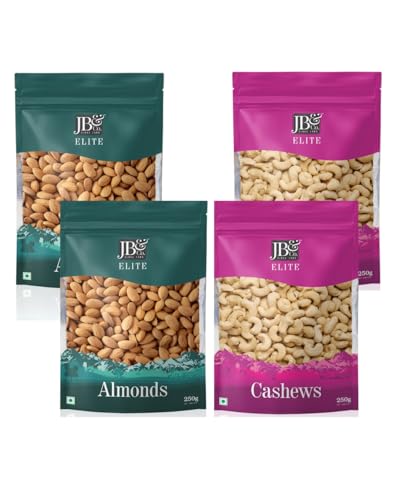 JB&CO100% natural Cashews and Almonds 1kg Combo Pack, premium imported kaju and badam, combo pack, healthy, tasty, crunchy and nutritious. Daily nutrition packed in convenient ziplock pouches