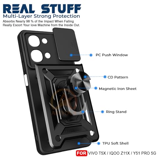 Image of Armor Bumper Back Cover Case for iQOO Z11X / Vivo T5X / Vivo Y51 Pro 5G | Rotating Camera Cover, Ring Holder & Kickstand | Heavy Duty & 360 Degree Protection Back Cover (Black)