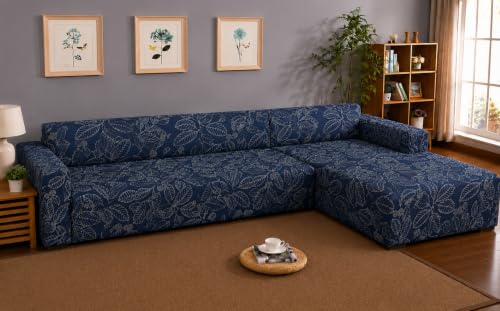 Image of Gifts Island Premium 160GSM Super Soft Blue Ash Stretchable Sofa Cover L Shape 7 Seater Fully Covered | Suitable for Both Left and Right Side Chaise Sofa (Blue Ash, 4+3 Seater)