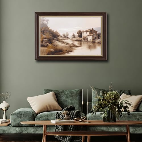 Image of Framed Vintage Countryside River Canvas Wall Art, Sepia Tone Farmhouse Landscape Canvas Prints Pictures, Rustic European Wall Decor for Living Room Bedroom Farmhouse Home