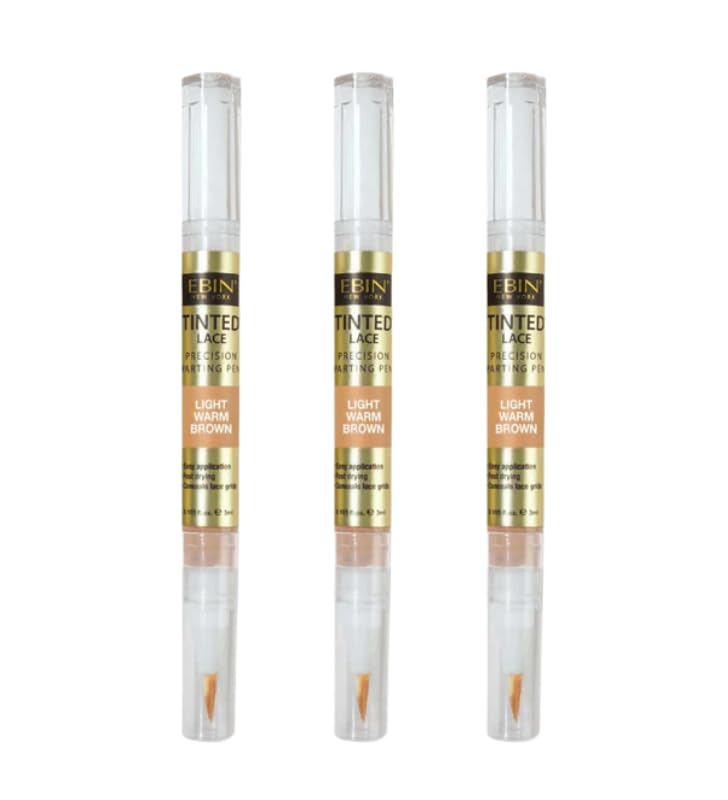 Wig Tint – 3x Tinted Lace Precision Parting Pen Light Warm Brown By EBIN NEW YORK Bundle – Lace Tinting for Wig Part Line with Fine Brush Applicator and Long-Lasting Color – Gift Set (3 Items)