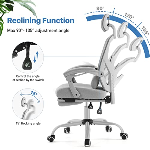Ergonomic Home Office Chair High Back Executive Desk Chair With Armsrest And Adjustable Headrest, Mesh Computer Chair With Retractable Footrest And Lumbar Support (Grey) #TOP5