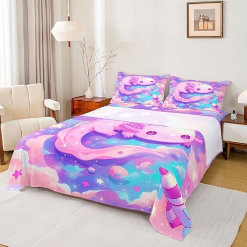 Image of jejeloiu Cute Axolotl Bed Sheets Sets King Size Kids Boys Girls Galaxy Planet Space Bedding Set Cartoon Animal Bed Sheet Set with 16-Inch Deep Pockets Pink Dreamy Starry 4Pcs with 2 Pillow Cases