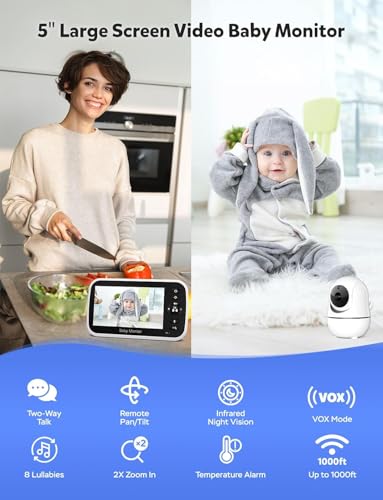 Image of Baby Monitor with Camera and Audio - No WiFi, Remote Pan-Tilt-Zoom, Night Vision, Temperature Sensor, 2-Way Talk, 8 Lullabies, 30-Hour Battery Life，960ft Long Range
