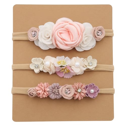 Image of SYGA 3 Pack Baby Girl Floral Headbands - Soft Stretchable Nylon Flower Comfortable Elastic Hairbands for Newborns, Infants & Toddlers 0-3 Years (Design-3)
