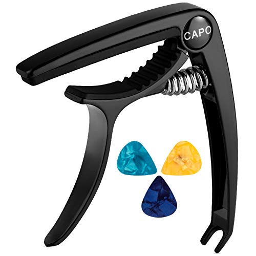 Guitar Capo for Acoustic, Electric Classical Guitar?Professional Quick-Change Capo for Ukulele, Bass, Banjo, Mandolin- 2 IN 1 Zinc Metal Black Capo with String Pin Puller - with 3 PCS Pick