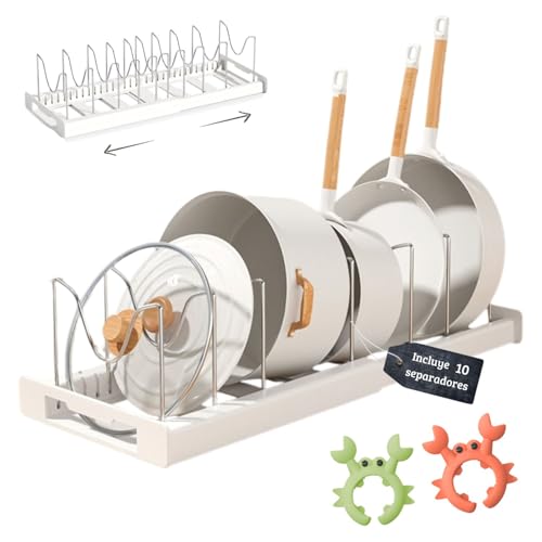 ELISPACES Organizador de Sartenes y Ollas Extensible con 10 Separadores | 2 Clips de Silicona...