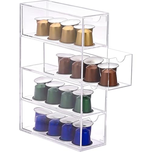 CRCFSUK 1Pcs Acrylic Coffee Pod Storage Organiser with 4 Drawers - Transparent Holder for Nespresso Vertuo/Original, Dolce Gusto & K-Cups - 24.7x17.6x6.6cm (9.7x6.9x2.6in) Stackable Drawer Box