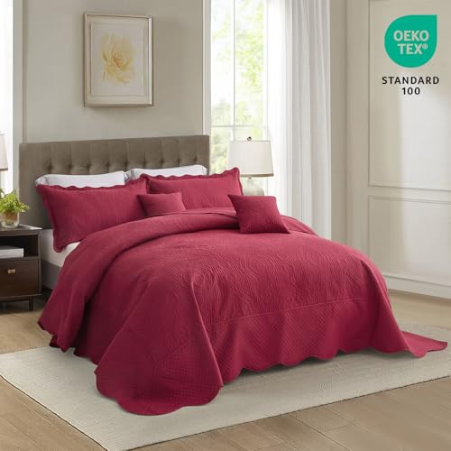 Image of HZ & HY Oversized King Bedspread, Embossed Damask Quilt Set King /Cal King, Lightweight Reversible Coverlet, Scalloped Edge - Warm Traditional Look, 5 Piece, Wine Red