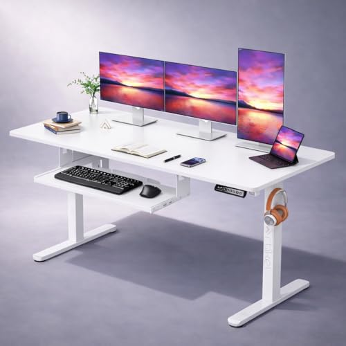 Image of ARTIKEL Artidesk X-Large Electric Height Adjustable Table for Office Work with Keyboard Tray | Sit Stand Gaming Desk| 80Kg Wt Lift | 2 Headphone Hooks, Cable Management Tray - White (160x75cm)