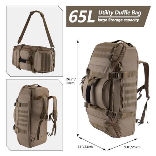Image of Hannibal Tactical 65L Large Duffle Bag, 3-in-1 Tactical Backpack MOLLE Pack for Sports, Gym, Outdoor, Coyote