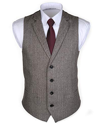 Ruth&Boaz 2Pockets 4Buttons Wool Herringbone/Tweed Tailored Collar Suit Waistcoat (L, Herringbone brown)