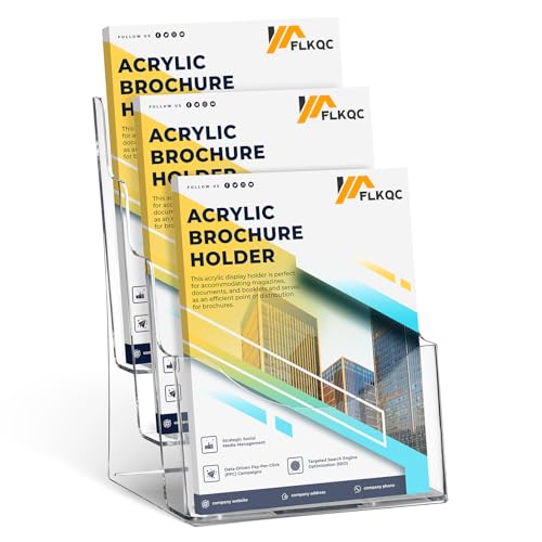 FLKQC 1 Pack Acrylic Brochure Holder 8.5 x 11 in, 3 Tier Brochure Display Stand with Removable Divider for 4 x 9 in Trifold Pamphlets, Clear Literature Holders, Clear Brochure Stands for Flyer, Pamphlet, Magazine, Booklet, Desk & Wall Mount (1 Pack 3 Tier 8.5 x 11