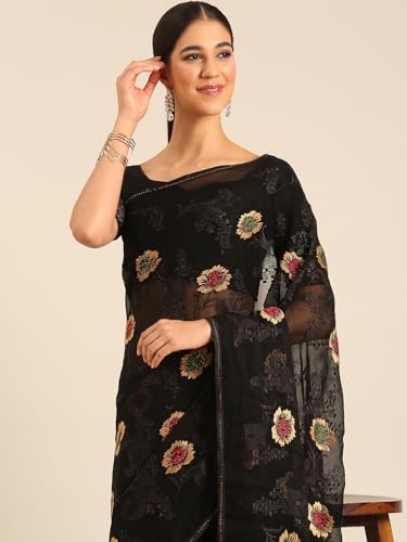 Image of Panzora Women's Chiffon Embroiderd Saree With Blouse Piece