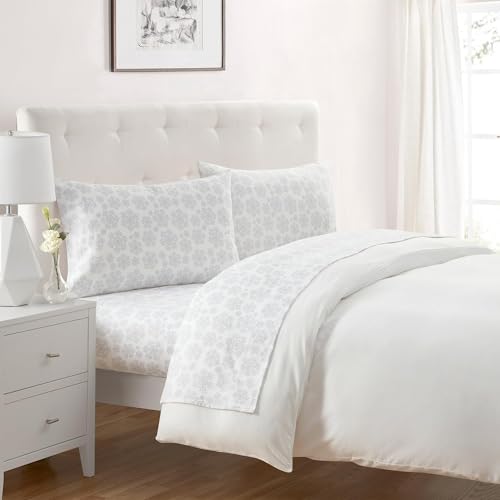 Image of Tahari Home - Full Sheets, 4-Piece Cotton Flannel Bedding with Matching Pillowcases, Brushed for Extra Softness, Cozy Home Decor (Snowflake Silver, Full)
