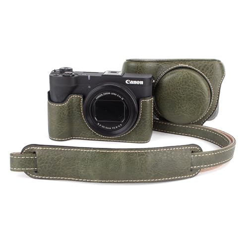 Housse Canon V1 en cuir PU dermatoglyph vert haute finition avec sangle