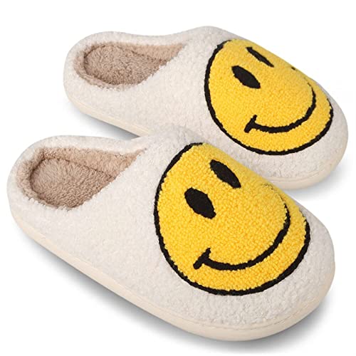 DOUUCO Smiley Face Hausschuhe Damen Herren Retro Winter Warme Plüsch Pantoffeln Kuschel Flauschig Weiche Gefüttert rutschfest Hausschuhe Happy Face Slippers für Jungen Mädchen Cover