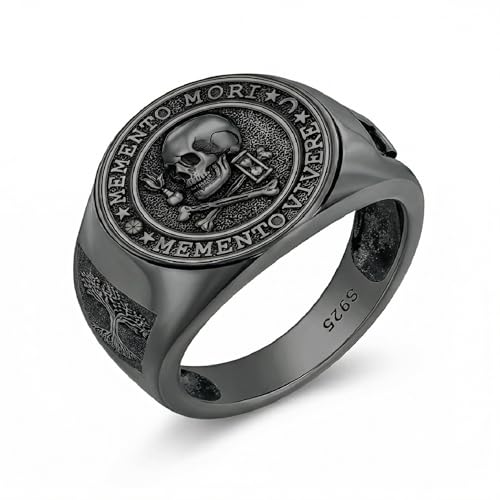 MEIDERBO Memento Mori Ring 925 Sterling Silver Black Gothic Skull Signet Rings Tree of Life for Men Stoic Jewelry Memento Vivere Gifts Size 8