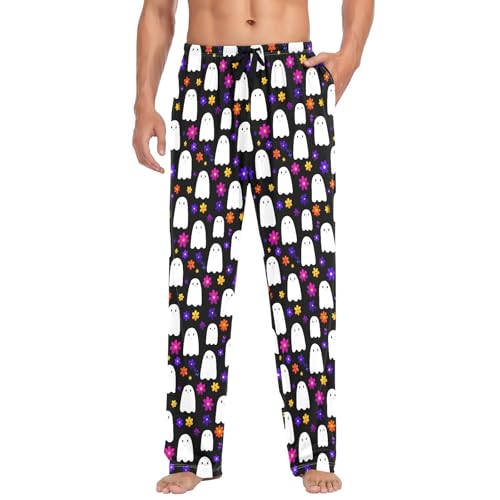 Mens Cotton Pajama Pants Sleep Lounge Pj Bottoms Sleepwear with Pockets Drawstring S Ghost Flower