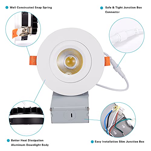 6 Pack 4 Inch Led Recessed Ceiling Light With Junction Box, Airtight Gimbal Eyeball Slim Downlight, Cri80+, 3000K-5000K, 15W 100W Eqv, 1000Lm Dimmable Panel Light - Etl & Energy Star Certified #TOP3