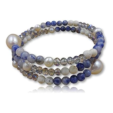 MGR MY GEMS ROCK! Natural Multi-Gem Stone Crystal Multi Wrap Memory Wire Bracelet with Cultured Fresh Water Pearl Cap on Each End One-Szie Cover
