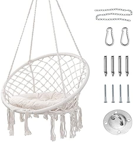 HBlife Hammock Chair, Hanging Swing with Macrame and Cushion, Max 330 Lbs, Beige Hanging Cotton Rope Chair for Indoor, Outdoor, Bedroom, Patio, Yard, Deck, Garden and Porch