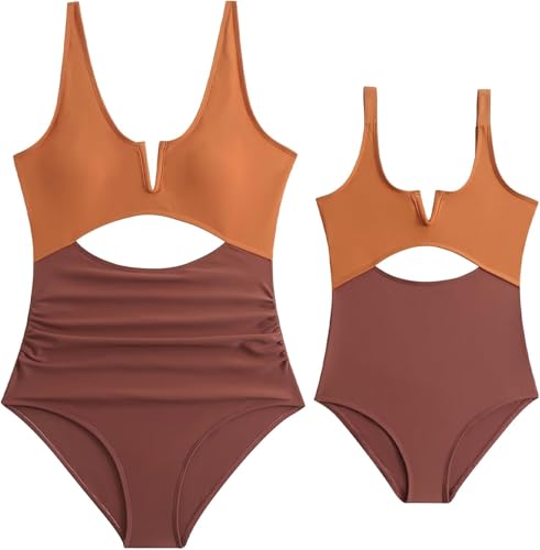 Family Matching Swimsuits Mommy and Me Cutout Colorblock Bathing Suits High Waisted Tummy Control One Piece Swimwear2