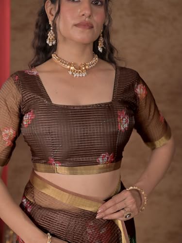 Image of Satrani Women's Kota Chex Printed Saree with Unstitched Blouse Piece