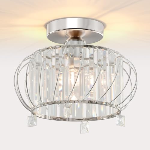 ANWIO Lustre en Cristal Moderne Argent, E27 Plafonnier Led Cuisine Ø280mm, Luminaires Intérieur pour Salon, Chambre, Salle à Manger