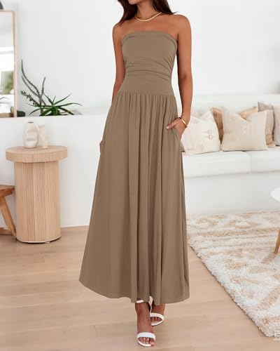 BTFBM Summer Maxi Dresses for Women 2026 Strapless Ruched Tube Top Beach Vacation Spring Wedding Guest Dress Pockets(Khaki, XX-Large) — view 4