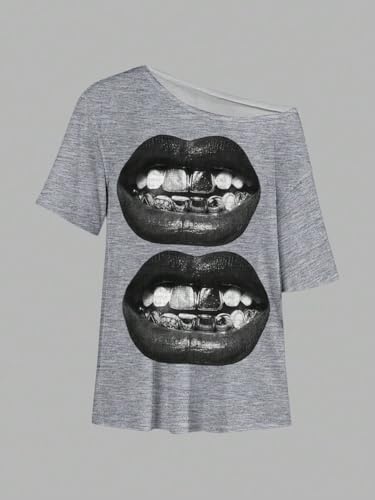 Image of SXV STYLE Casual Minimalist Lip Print Off-Shoulder Loose Short Sleeve T-Shirt