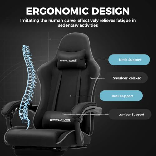 Image of GTPLAYER Gaming Chair, Computer Chair with Footrest and Lumbar Support, Height Adjustable Game Chair with 360-Swivel Seat and Headrest and for Office or Gaming (All Black-Fabric)