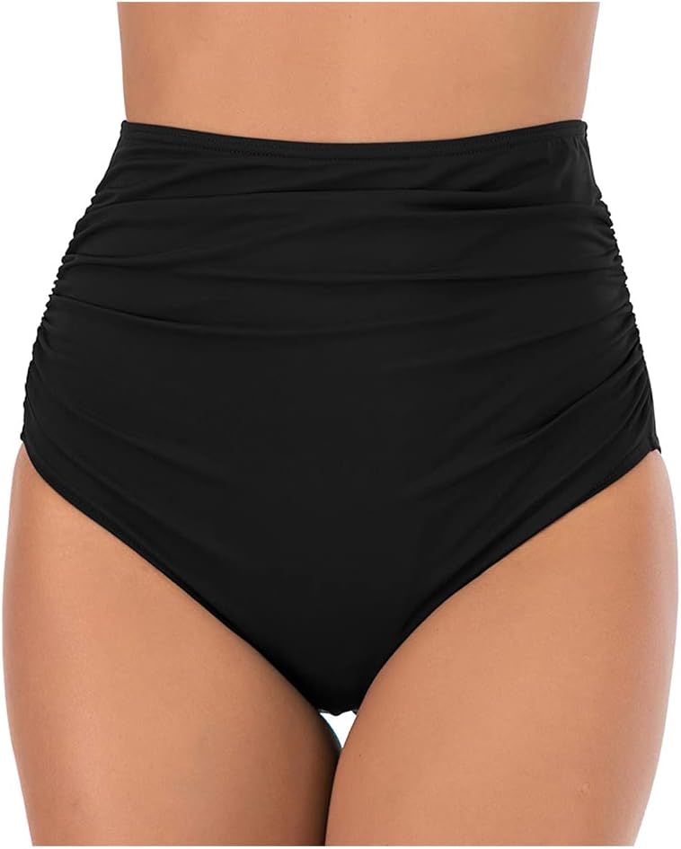 Women's High Waisted Bikini Bottoms Solid Ruched Tummy Control Swim Briefs