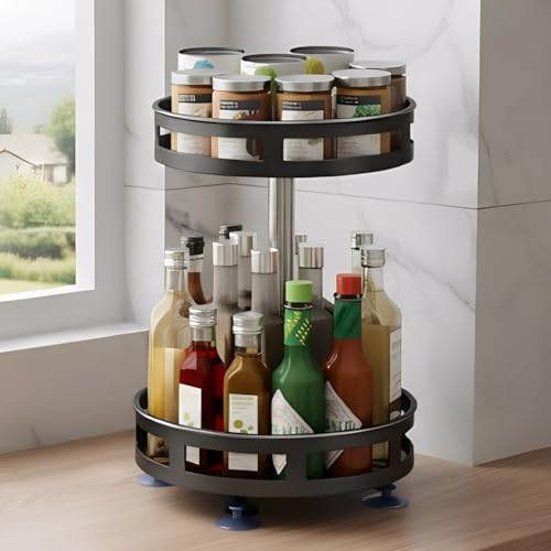 Image of JD FRESH 360 Rotating Spice Rack Organiser /Multifunctional Spice Rack /Table Top Storage Rack /Non-Slip Spice Holder Organizer for Kitchen /Living Room- Black (2-Tier, Round)