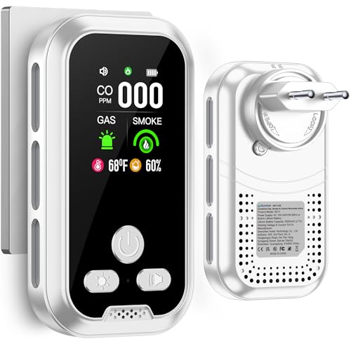 Gedsffati Plug in 5in1 Detector de Humo & Monoxido de Carbono & Combustible Gas Combinación con Batería de Respaldo 2000mAh & HD Pantalla [CO Humo Gas Humedad Temp Sensor] para de Casa (Blanco)