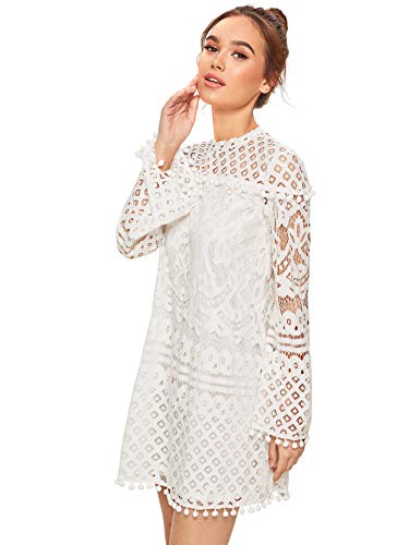 SheIn Women's Crochet Pom-pom Sheer Lace Bell Sleeve Dress X-Large White - Image 5