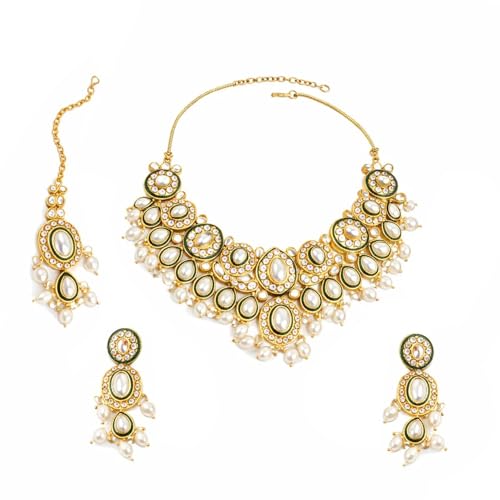 Image of Rubans Necklace Maangtikka Set Gold Plated Kundan & Pearl Jewellery Gift for Women & Girls