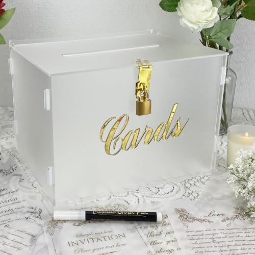 Image of 11 inch Frosted Wedding Card Box with Lock, Acrylic Gift Card Box for Wedding Decorations for Reception, Honeymoon Fund Money Box for Bridal Shower Decorations Party Reception Anniversary