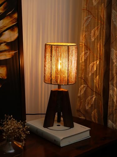 Image of Green Girgit Decorative Tri-Leg Stand Wooden Table Lamp with Dori Stripped Cylindrical Lamp Shade Bedside & Reading Night Lamp for Bedroom, Living Room & Home Decor | Warm Ambient Light