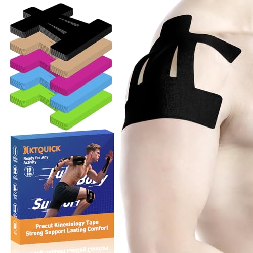 Kinesiology Tape for Shoulder Precut, 12 PCS Shoulder Tape for Pain Relief, KTQUICK Original Cotton Waterproof & Breathable, Enhance Elastic Sports Tape for Pain Support and Muscle Sports, Black