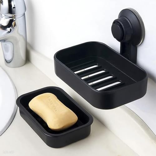 Black Soap Dish for Bathroom - Suction Soap Holder with Drainage for Shower, Plastic Bar Soap Box Case Tray Saver, Draining Soap Dishes for Home Kitchen Toilet Product, No Drill & Glue, Removable