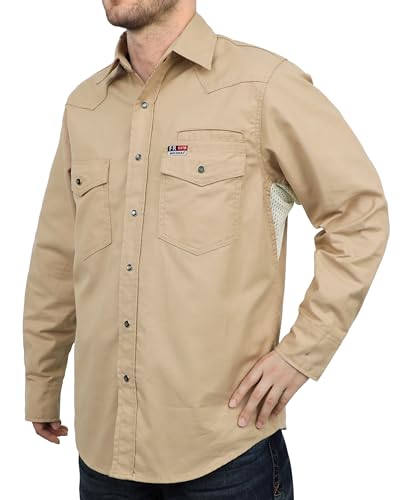 BOCOMAL Mens Vented FR Shirts 6.5oz Dura-Light Pearl Snaps Down -BackFront and Underarm Breathable Mesh Flame Resistant CAT2