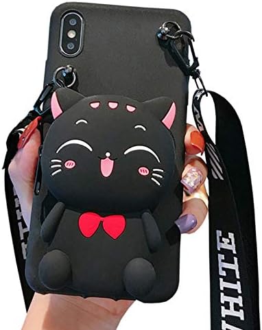 SGVAHY iPhone 13 Pro Max Case Cute Cat iPhone 13 Pro Max Wallet Case with Zipper Crossbody Lanyard 3D Cartoon Kawaii iPhone Case for Womens Girls Soft Silicone Shockproof Cover Protective Case Black