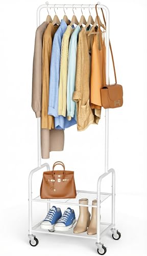 MISSLO Klein Kleiderstange mit Aufbewahrungsgitter, Stabil Kleiderständer auf Rollen, Schmal Metall Garderobenständer für Kleidung, Schuhe, Schlafzimmer, Mobile, Weiß