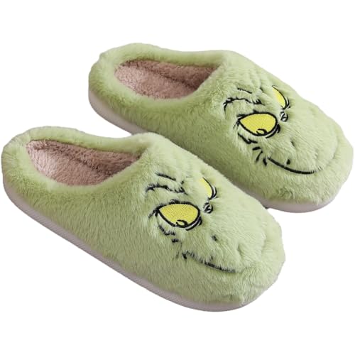 Hauioe Christmas Slippers Cartoon Plush Slippers Winter Soft Green Merry Christmas Gifts